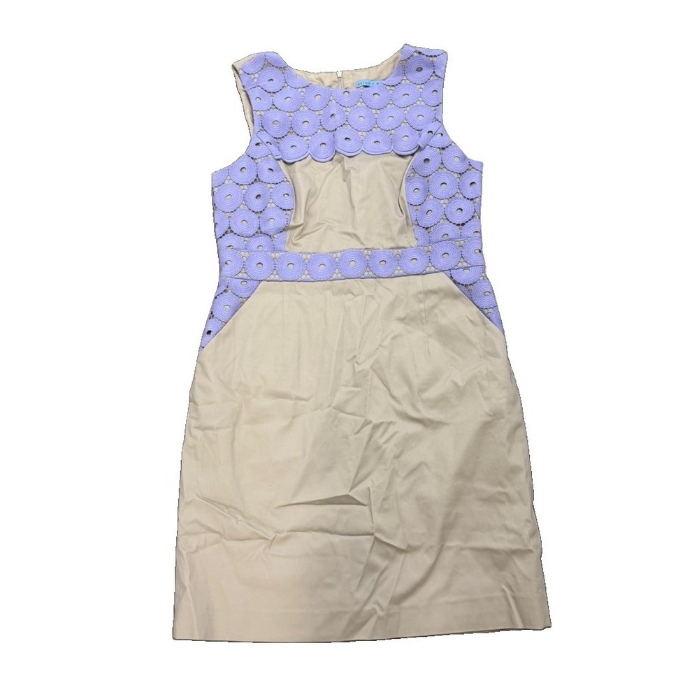 Antonio Melani Women's Size 14 Beige Lavender Crochet Cutout Sheath Dress